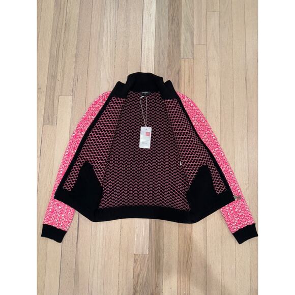 Chanel 19B Coco Neige Ski Pink Quilted Black Logo Wool Cardigan Zip Up Jacket 38 - Picture 11 of 16
